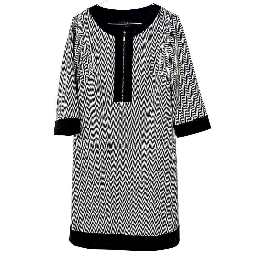 Alex Marie 1/4 Zip Herringbone Quarter Sleeve Shift Career Dress Black White 8